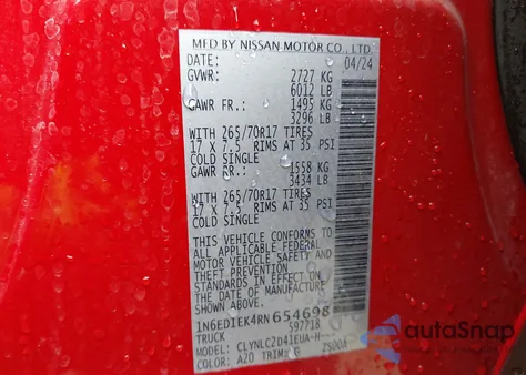 2024 Nissan Frontier Sv 4X4 from USA, damaged, VIN 1N6ED1EK4RN654698